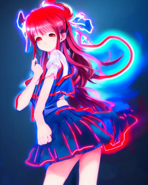 Image similar to anime style, vivid, expressive, full body, 4 k, painting, a cute magical girl idol with a long wavy hair wearing a dress fighting monsters, blue and red, balance, correct proportions, stunning, realistic light and shadow effects, neon lights, studio ghibly makoto shinkai yuji yamaguchi