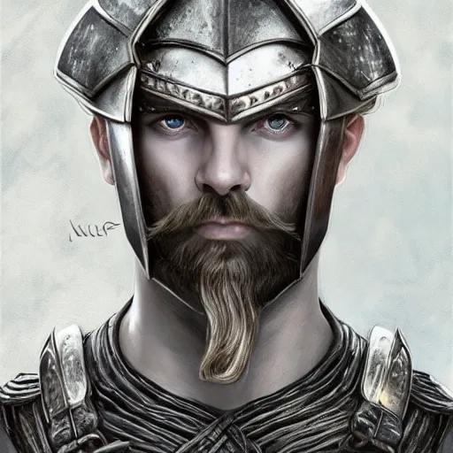 Image similar to portrait of solemn, ice-pale viking warrior with black veins and brutalist plate armor with art deco knotwork, elegant, intricate, head and upper body portrait, D&D, fantasy, highly detailed, digital painting, artstation, concept art, sharp focus, illustration, art by artgerm and greg rutkowski and alphonse mucha