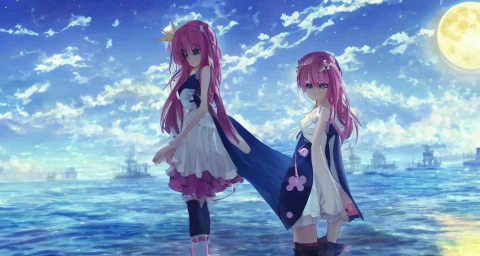 Image similar to one anime girl standing on a pier, blue shiny eyes, looking at the camera, cute, the ocean as background at twilight, big moon above the water, colorful, magical, smooth, extremely detailed, detailed face, devianArt, based on Puella Magi Madoka Magica