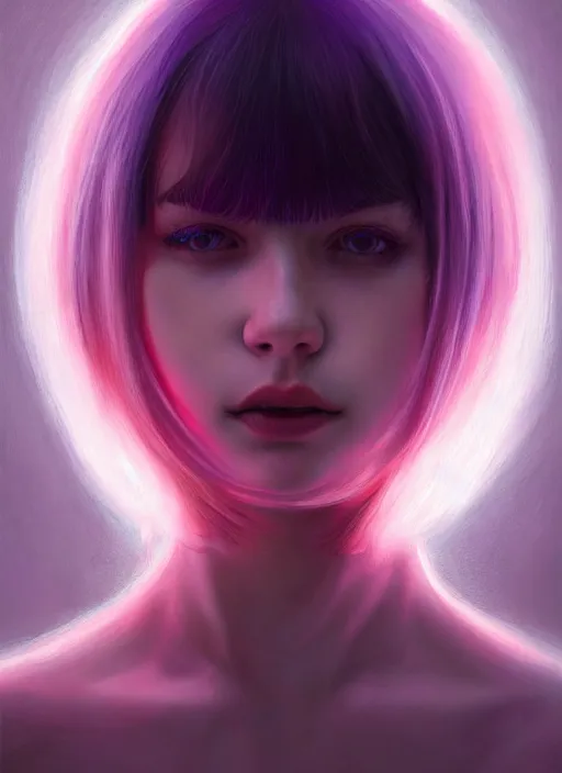 Image similar to hair whitebangs hair, black hair, whitebangs, portrait of teenage girl with white bangs, red irises, purple clothes, white bangs, bangs are different color from hair, intricate, elegant, glowing lights, highly detailed, digital painting, artstation, concept art, smooth, sharp focus, illustration, art by wlop, mars ravelo and greg rutkowski