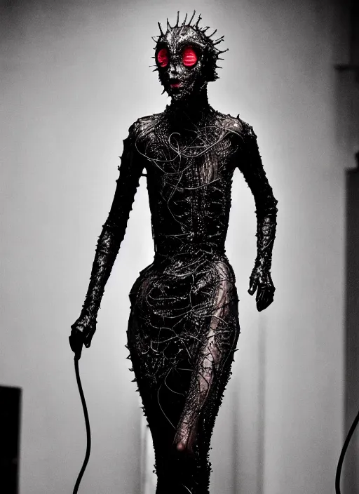 Image similar to walking down the catwalk, steven klein, show, stage, vogue photo, podium, fashion show photo, historical baroque dress dark, iris van herpen, beautiful woman, full body shot, masterpiece, intricate, wires, veins, jellyfishs, biopunk, guyver, highly detailed