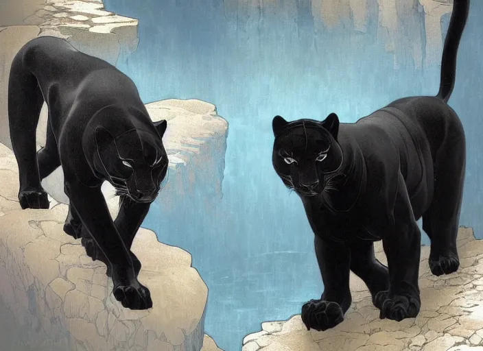 Image similar to animal concept of a black panther melanistic deep black leopard walking on Pamukkale, thermal waters flowing down gold travertine terraces, royal white and blue accents, accurately portrayed, portrait art by alphonse mucha and WLOP, highly detailed, digital painting, concept art, illustration, dim lighting with twilight rays of sunlight, trending on artstation, very detailed, smooth, sharp focus, octane render, close up