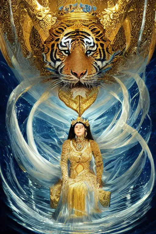 Image similar to ultradetailed painting of a beautiful empress on a throne made of waves and ice with a single grand white and gold tiger guardian by Karol Bak, volumetric lighting, tarot card