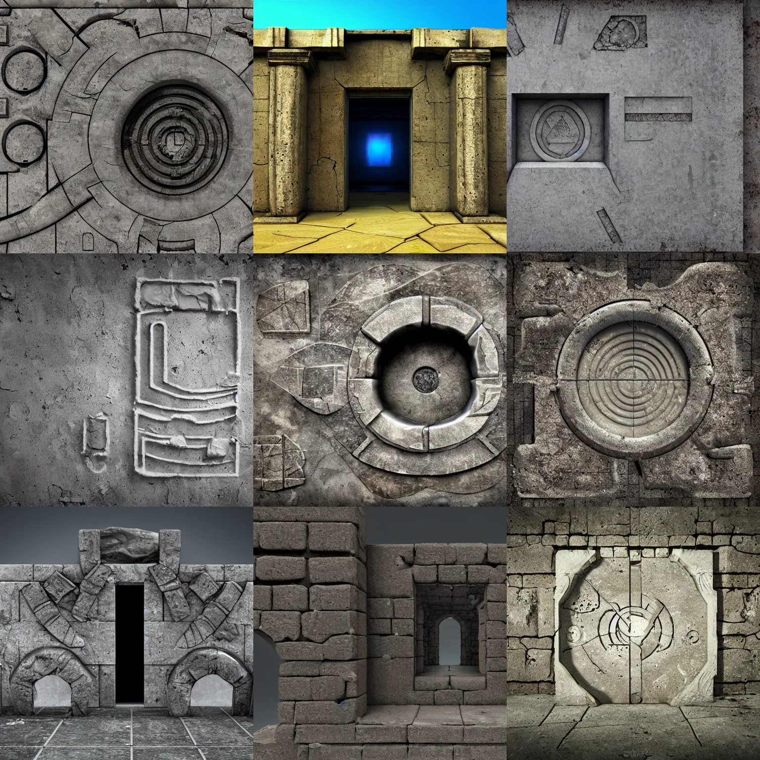 Prompt: ruins of ancient technology, sigils, concrete, opening the portal to another dimension, cg society, textures. com