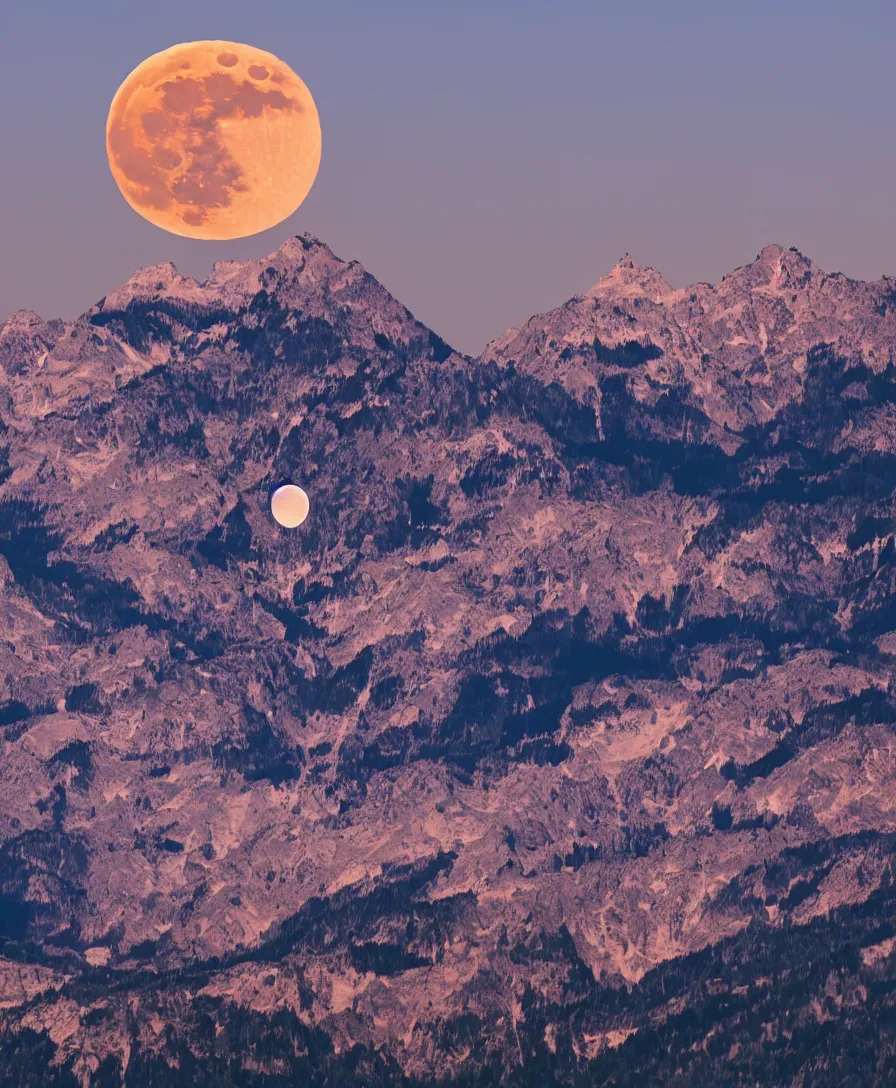 Prompt: a dslr hd picture of full moon rising between mountains, colorful birds flying around moon, moon light shining on mountains and lake below, highly detailed