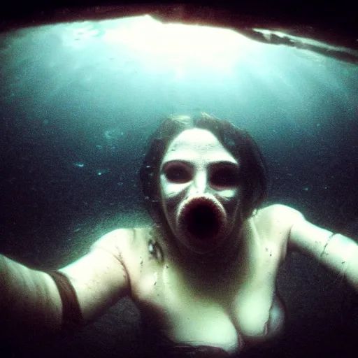 Image similar to sea monster, wide angle, pov underwater, abomination, pale skin, dark and foggy water, misty, dark, dramatic,'silent hill ', big eyes, terrifying, horrific, cinematic