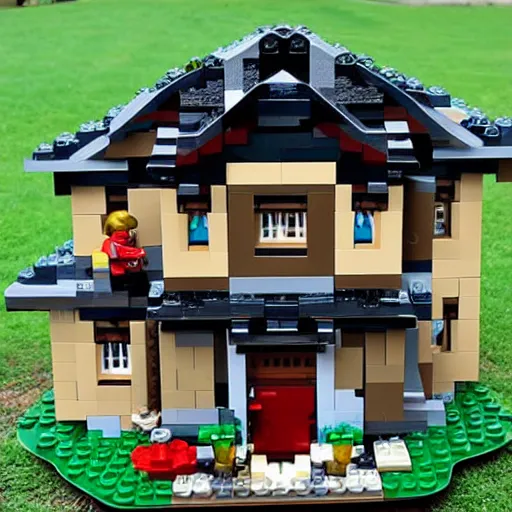 Prompt: A man in a stone house building house from LEGO