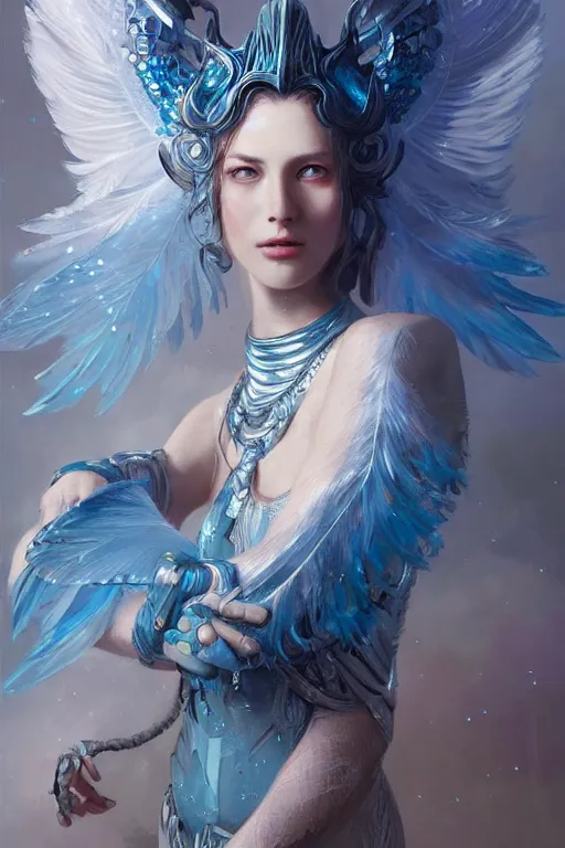 Image similar to beautiful model wearing crystal white feathers, blue magic, diamonds, angel, fantasy, dramatic lighting, highly detailed, digital painting, holding electricity, magic the gathering, hyper detailed, 3 d render, hyper realistic detailed portrait, peter mohrbacher, wlop, ruan jia