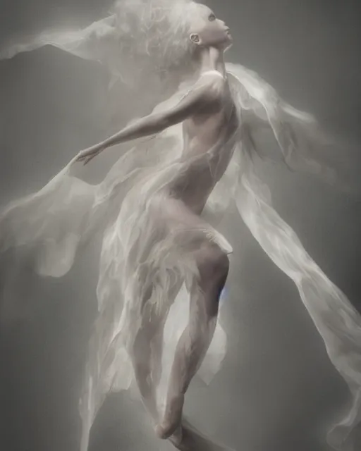 Image similar to professional concept art ethereal ghostlike valkyrie figure fluid simulation in houdini dancing in dark smoke robes and silk veils by ilm, paolo roversi, nick knight, amy judd, beautiful simplified form distorted by turbulent movement, dark studio background, vivid, romantic, trending on artstation, hyperrealism, matte painting, dutch golden age, fine detail, cgsociety