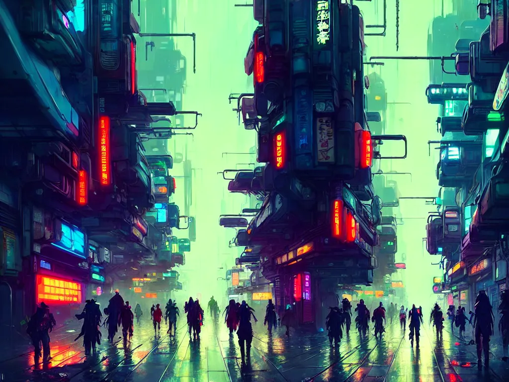 Image similar to concept art of a cyberpunk street filled with people during obon festival, grimy, gritty, blade runner 2 0 4 9, trending on artstation, award winning painting, cgi, art by john berkey and anton fadeev and john howe and simon stalenhag and greg rutkowski