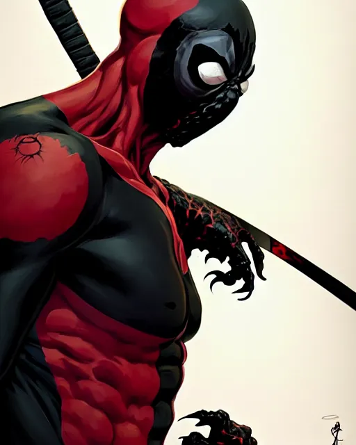Image similar to highly detailed closeup portrait of a mutated venom symbiote in deadpool suit with a fierce expression, wearing his katana, by atey ghailan, by greg rutkowski, by greg tocchini, by james gilleard, by joe fenton, by kaethe butcher, red, black, crimson and grey color scheme