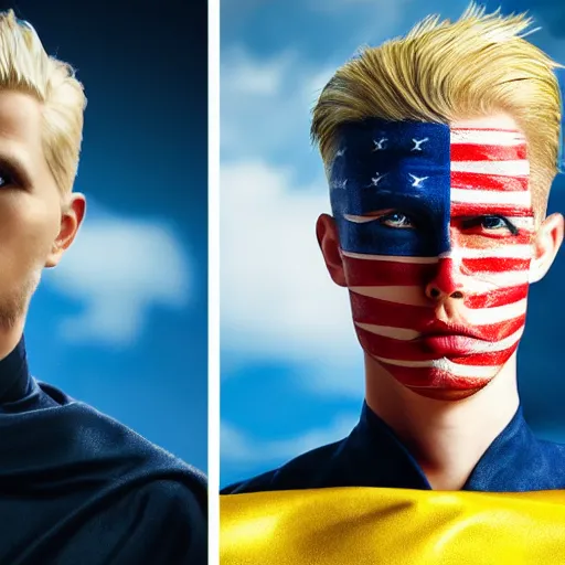 Image similar to portrait of a blonde masculine man two sides hair and thin face lines, his cape is the american flag, he is angry, his costume is blue with yellow eagles head on the shoulders, 8 k, hyper realistic, movie imax shot, film, cinematography, red