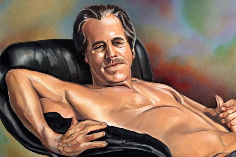 Image similar to a airbrush painting of a caucasian man relaxing on a brown reclined leather chair