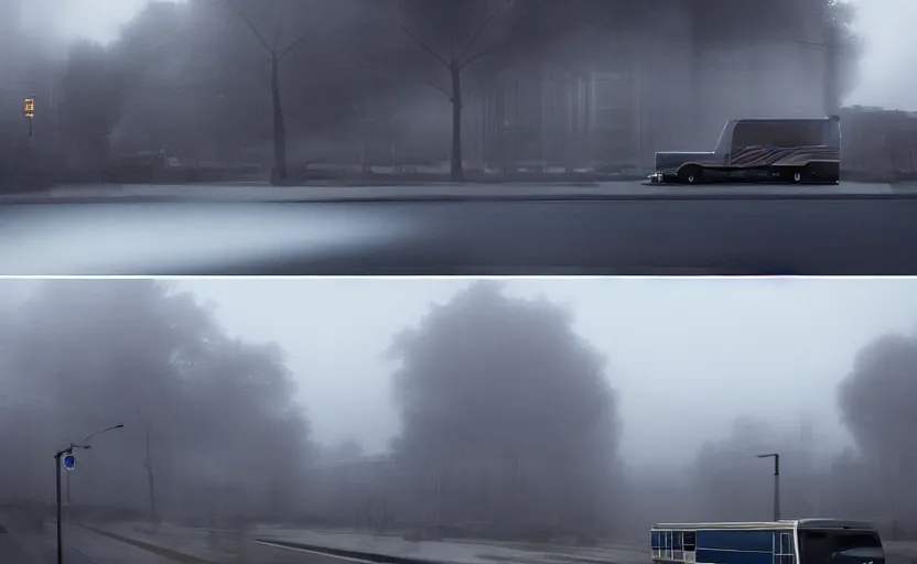 Image similar to exterior traveling greyhound bus circa 2 0 1 5, directed by charlie kaufman ( 2 0 0 1 ) anamorphic lenses, foggy volumetric light morning, cinematic trending on artstation in the style of greg rutkowski