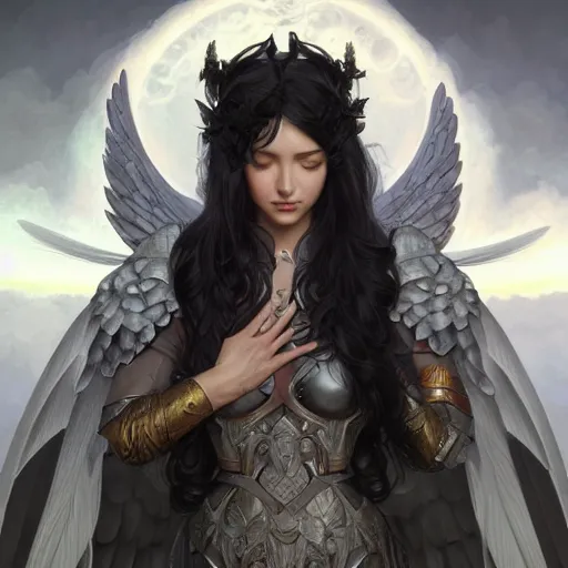 Image similar to powerful fantasy story girl with gray skin and dark gray hair and large black angel wings and armor, vivid colors, intricate, elegant, highly detailed, digital painting, artstation, concept art, smooth, sharp focus, illustration, art by artgerm and greg rutkowski and alphonse mucha and loish and wlop