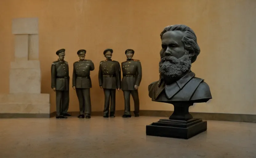 Image similar to 50s movie still close-up portrait of an elder soviet generals in a empty stalinist hall with a bust of Marx, by David Bailey, Cinestill 800t 50mm eastmancolor, heavy grainy picture, very detailed, high quality, 4k, HD criterion, precise texture and facial expression