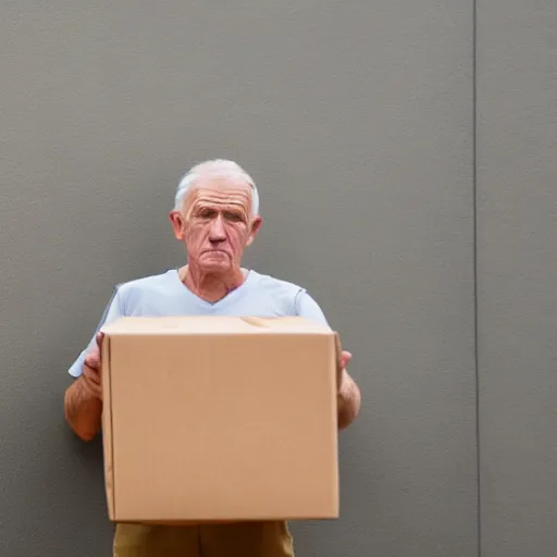 Prompt: Photo of a sad old man in an Amazon uniform holding an empty cardboard box