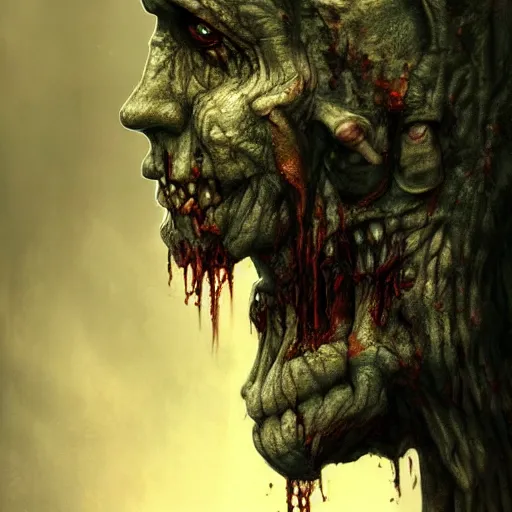 Prompt: a detailed portrait of a zombie golem by anton semenov, horror, dark, digital art, realistic painting, character design, trending on artstation