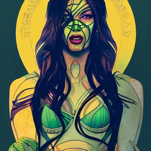 Prompt: Megan Fox as gamora (Guardians of the Galaxy) by Sandra Chevrier, Alphonse Mucha, beeple, Pi-Slices and Kidmograph, beautiful digital illustration