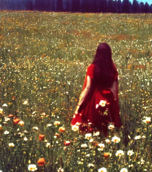 Image similar to encounter with satan in beautiful meadow of flowers, film photo from 1970s, grainy, high detail, high resolution