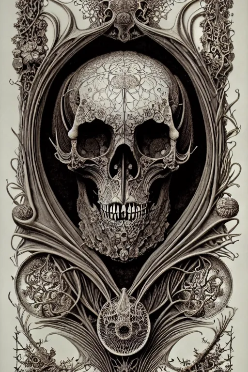 Image similar to art forms of nature by ernst haeckel, memento mori by arthur rackham, ornate antique porcelain beautiful skull mask, ultrasharp, photorealistic, hyperdetailed, octane render, polished, art nouveau, neo - gothic, gothic, intricate ornamental organic filigree, art nouveau botanicals, art forms of nature by ernst haeckel, horizontal symmetry, symbolist, visionary