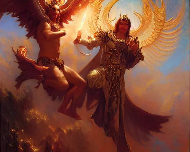 Image similar to attractive demonic male deity, casting magic, summoning handsome lucifer morning star. highly detailed painting by gaston bussiere, craig mullins, j. c. leyendecker 8 k