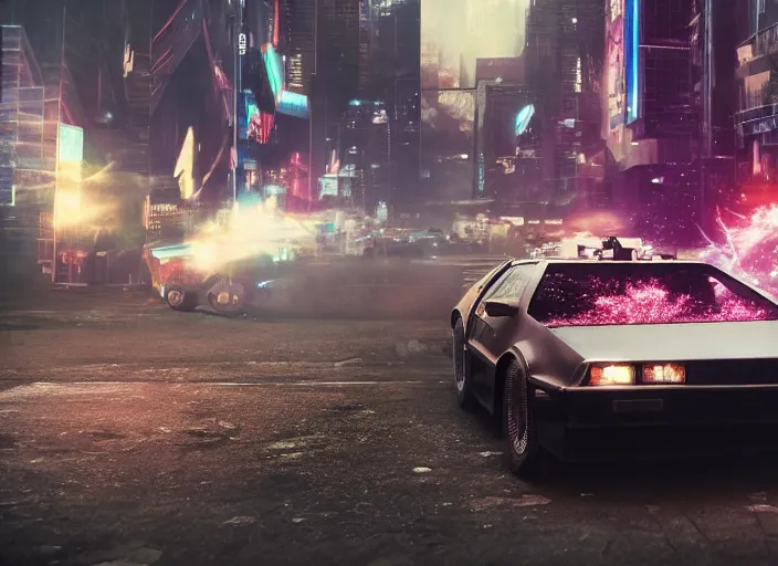 Image similar to a cyberpunk delorean breaking the space - time continuum, energy and time particles, dramatic framing, movie footage, 8 k