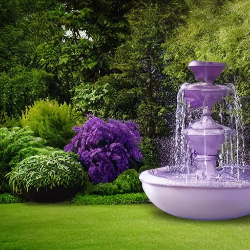 Image similar to tranquil painting of purple garden with green trees and a water fountain in the middle of garden, detailed, 8k, mesmerizing, low saturation, high resolution