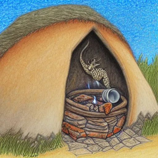 Image similar to a dragon native living in a small clay hut near a campfire, extremely stunning and detailed colored pencil drawing