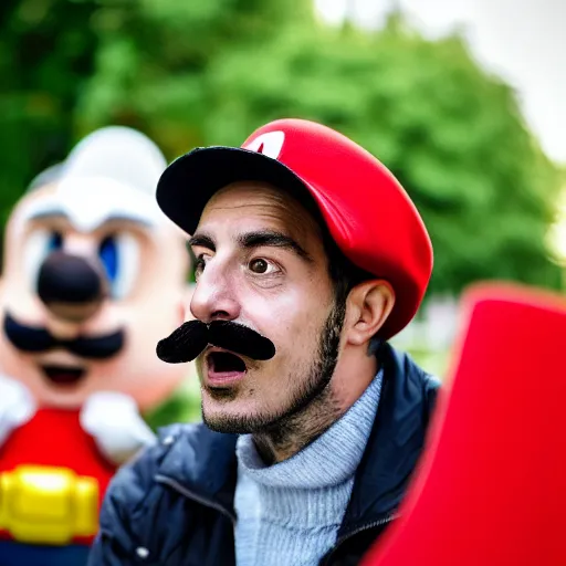 Prompt: an Italian man with a mustache dressed as Mario wearing a solid red Mario hat drooling, eyes rolled back, excited about a Magic Mushroom he just found 50mm lens, f1.8.