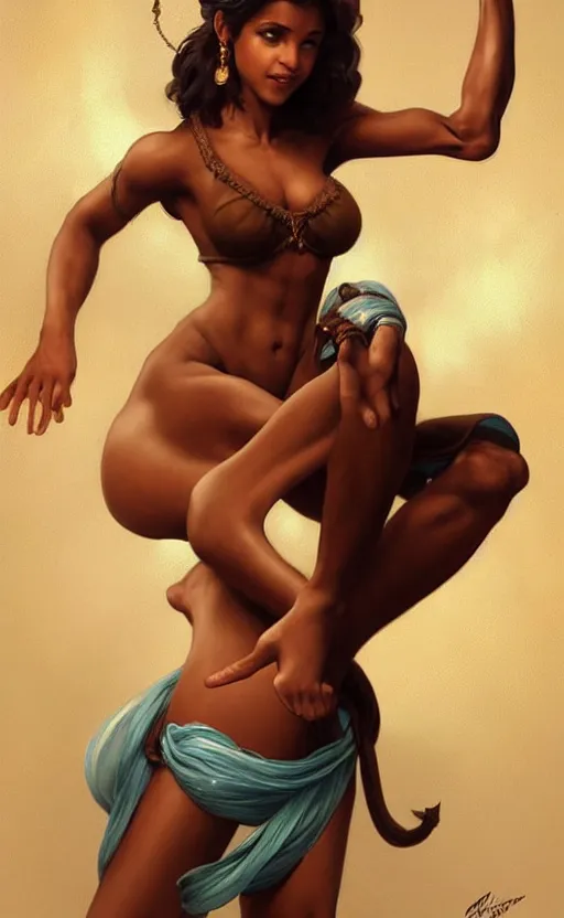 Image similar to young short pretty genie emerging from her lamp, brown skin, short brown hair, confident smile, female, brown eyes, anatomically correct hands!!!!!!, amazing, thighs!!!!!!, muscular, intricate, highly detailed, digital painting, artstation, concept art, sharp focus, illustration, art by greg rutkowski and alphonse mucha