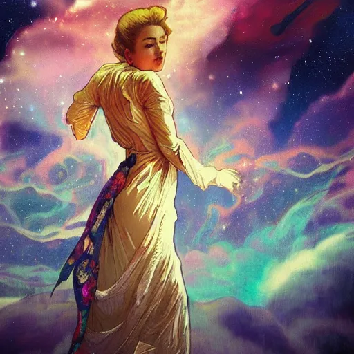 Image similar to over the cloud there is a cosmic girl, she isColorful astronaut, flowing robe, floating , colorful nebula, derelict space ship, science fiction spaceman, space, futuristic spacesuit, cover art, cinematic, highly detailed, strong line work, Alphonse Mucha, John Harris, 4k render, 4k post, hyper detailed