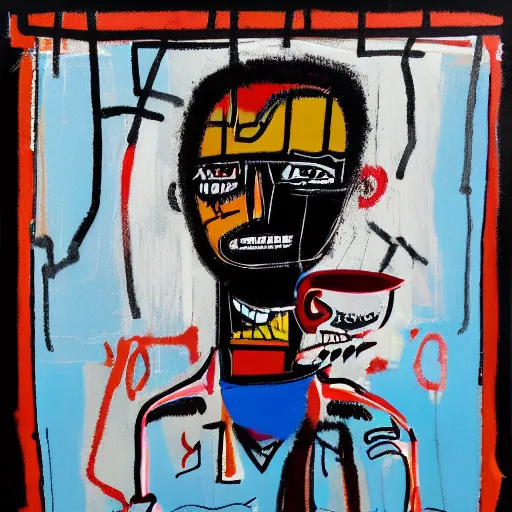 Prompt: Morning. Sunlight is pouring through the window lighting the face of a young sad man drinking a hot cup of coffee. A new day has dawned bringing with it new hopes and aspirations. Painted in the style of Basquiat, 1980