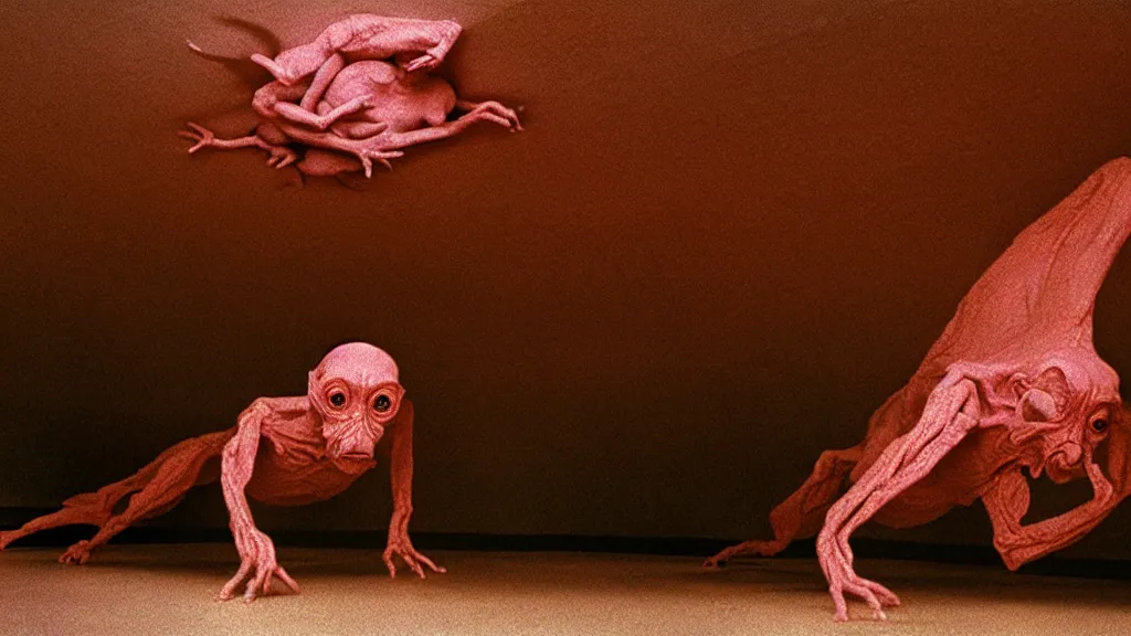Image similar to a strange creature crawls on the living room ceiling, film still from the movie directed by Wes Anderson with art direction by Zdzisław Beksiński, wide lens