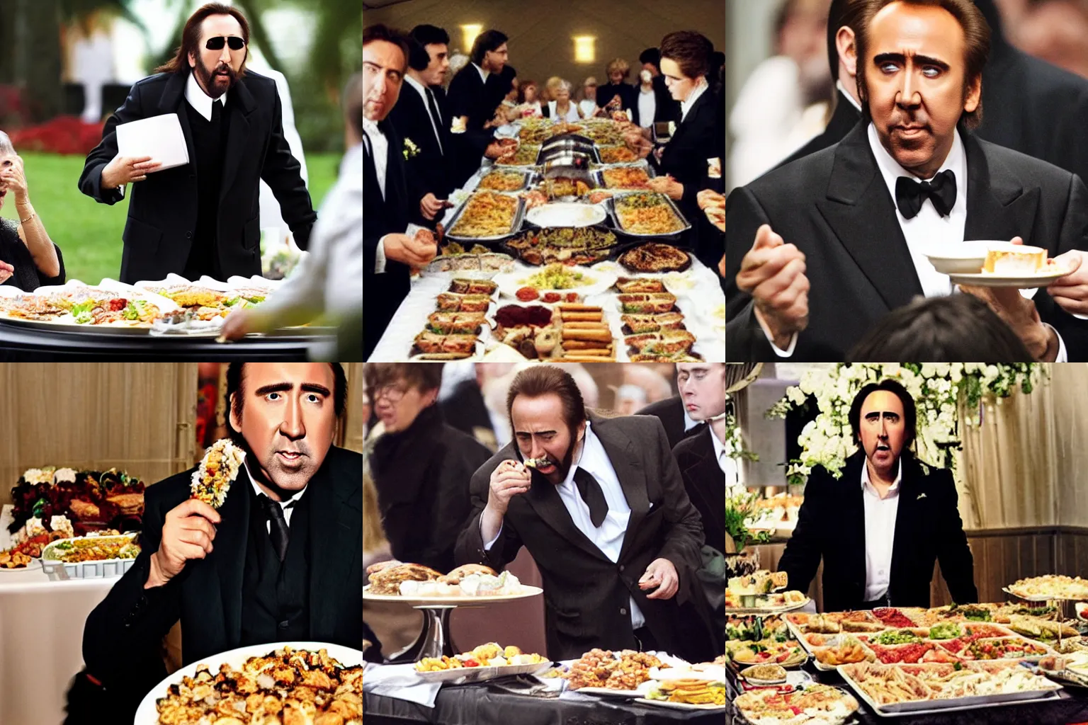 Prompt: Nicolas Cage eating a buffet at a funeral, photograph