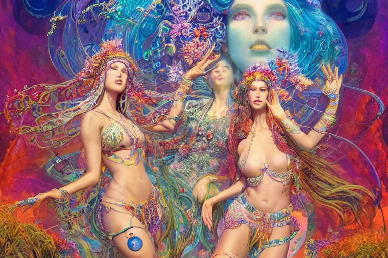 Image similar to a centered full body render of alluring goddess festival hippies with retro futuristic adornments surrounded by a underwater ink pour and flowing liquid galium and sacred geometry, perfect face, powerful, cinematic, beautifully lit, by artgerm, by karol bak, by donato giancola, 3 d, trending on artstation, octane render, 8 k