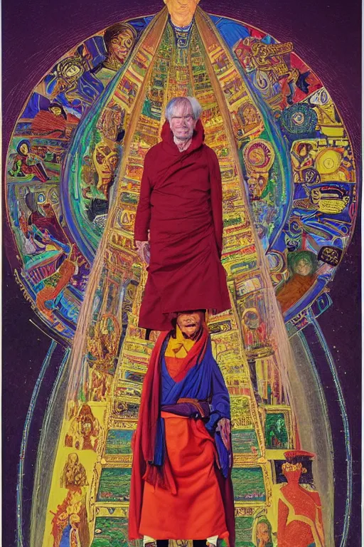 Image similar to an incredible and hilarious jean giraud portrait of timothy leary in the style of a renaissance masters portrait, mystical and new age symbolism, tibetan book of the dead