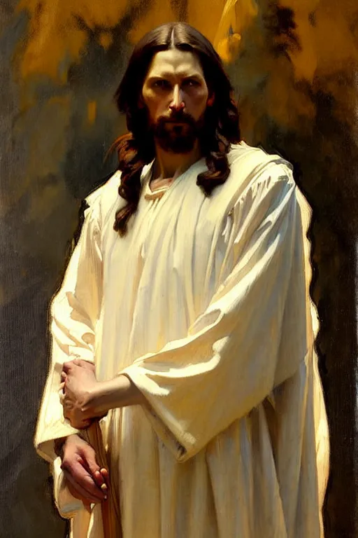 Image similar to leyendecker and solomon joseph solomon and richard schmid and jeremy lipking victorian loose genre loose painting full length portrait painting of jesus