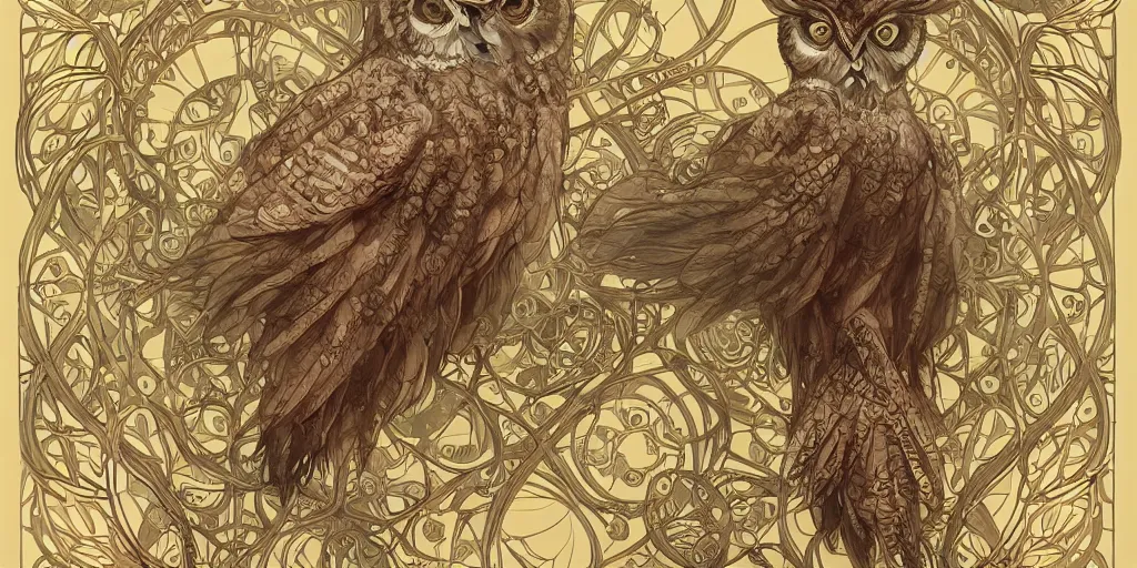 Image similar to cute owl, organic, epic, baroque art nouveau, manga, james jean, mucha, yoshitaka amano, photorealistic rendering, 3 ds max + v - ray, extremely detailed and complex, center composition, elegant, vfx, unreal engine 5, octane rendering, very contrasting, very sharp lines