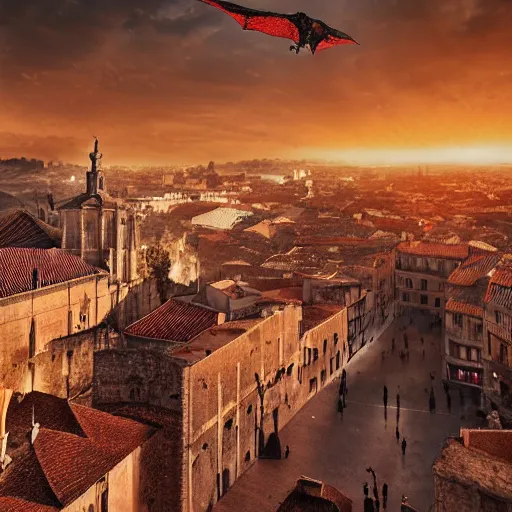 Image similar to the monumental city of caceres with a dragon flying over it, dramatic lighting, cinematic, extremly high detail, photorealistic, cinematic lighting, post processed, concept art, artstation, matte painting, style by greg rutkowsky - 1 0 2 4