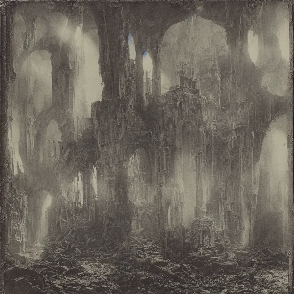 Prompt: old polaroid of a small cloaked figure roaming an enormous and decaying maze, beautiful natural backlit, piranesi, detailed