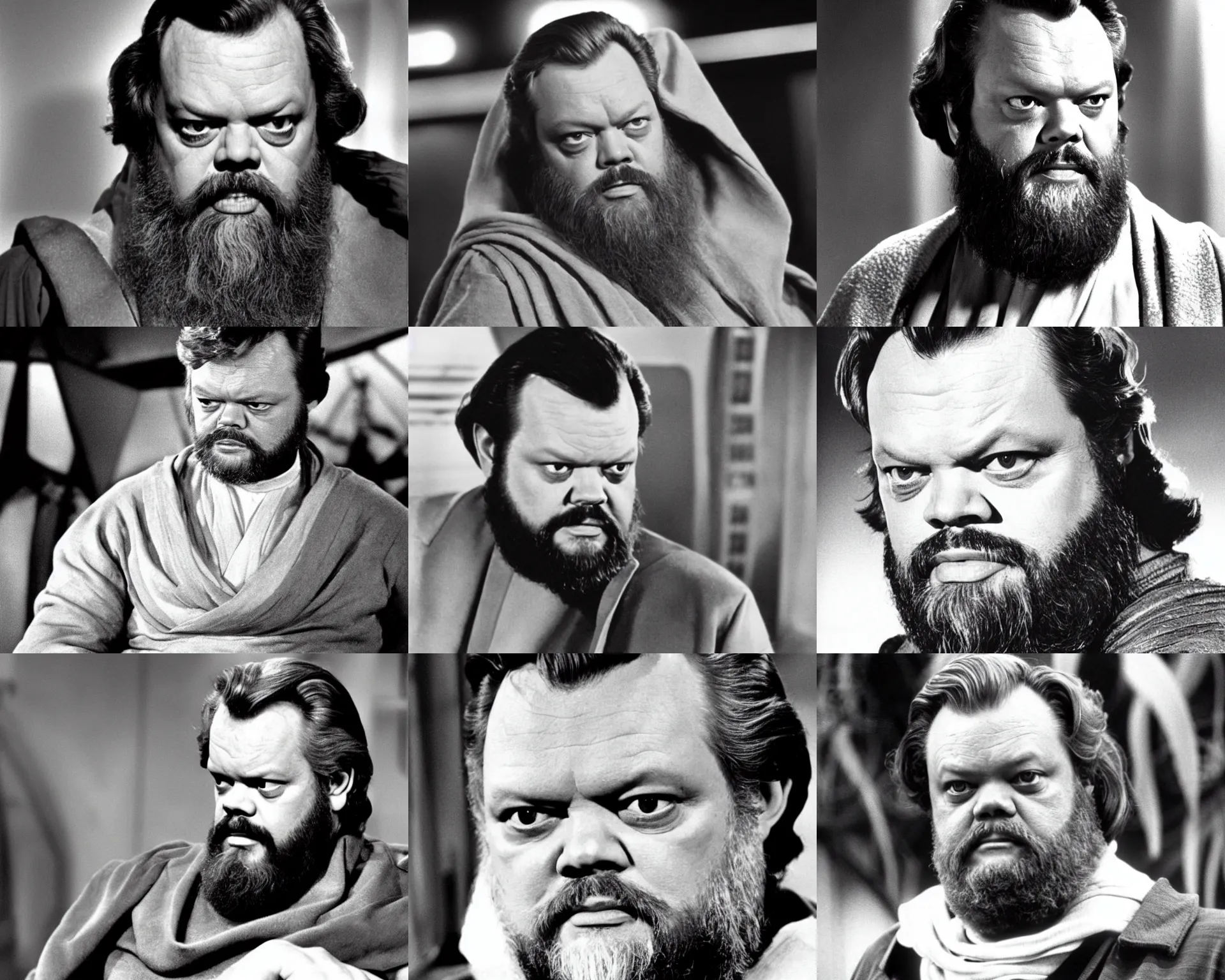 Prompt: handsome and attractive orson welles at 4 0 years old in star wars 1 9 7 7, as obi - wan kenobi, film still, grey hair, beard