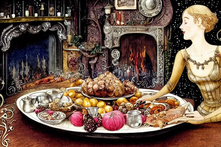 Image similar to one ornate silver platter with roasted pork and fruit on a wooden table with cozy fireplace in the background, warm lighting, fantasy, intricate, elegant, highly detailed, digital painting, artstation, concept art, matte, sharp focus, illustration, art by kay nielsen and walter crane, illustration style, watercolor