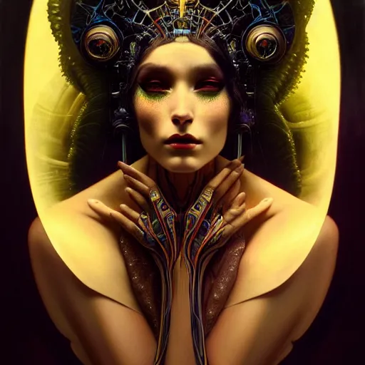 Image similar to extremely psychedelic beautiful cyborg queen of lsd infected by night. intricate, elegant, highly detailed, extremely lifelike photorealistic digital painting, artstation. steichen, gaston bussiere, tom bagshaw, cyberpunk alphonse mucha. elegant minimalism. anatomically correct. sultry. sharp focus. black. surreal lush hallucination