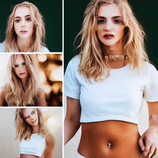 Prompt: Portrait photography of a Blonde Girl, Young Beautiful Face, Green Eyes, Freckles, Wearing a white crop-top and jeans, with a subtle smile, Charming, DSLR, cinematic lighting