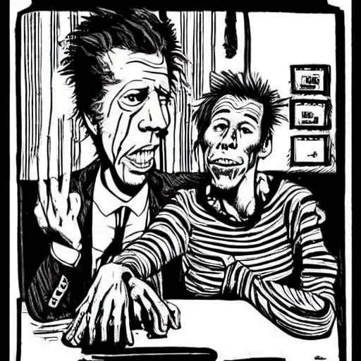 Image similar to Tom Waits and Iggy Pop in a pub by Robert Crumb