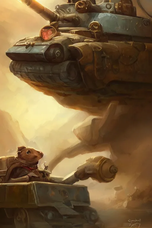 Prompt: cute little anthropomorphic Guinea Pig driving a tank, tiny, small, short, American tanker outfit, cute and adorable, pretty, beautiful, DnD character art portrait, matte fantasy painting, DeviantArt Artstation, by Jason Felix by Steve Argyle by Tyler Jacobson by Peter Mohrbacher, cinematic lighting