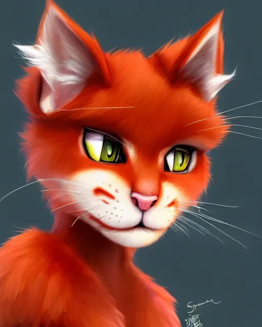 Image similar to character concept art of a cute young male anthropomorphic furry red cat | | cute - fine - face, pretty face, key visual, realistic shaded perfect face, fine details by stanley artgerm lau, wlop, rossdraws, james jean, andrei riabovitchev, marc simonetti, and sakimichan, trending on artstation