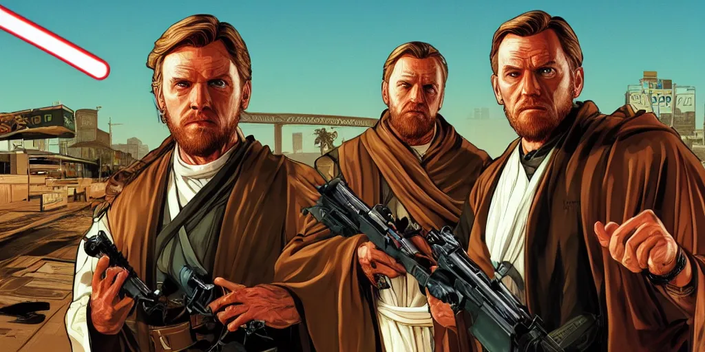 Prompt: Obi Wan Kenobi as a 90s gangster in GTA V, Cover Art by Stephen Bliss, Boxart, Loading Screen. 8k Resolution