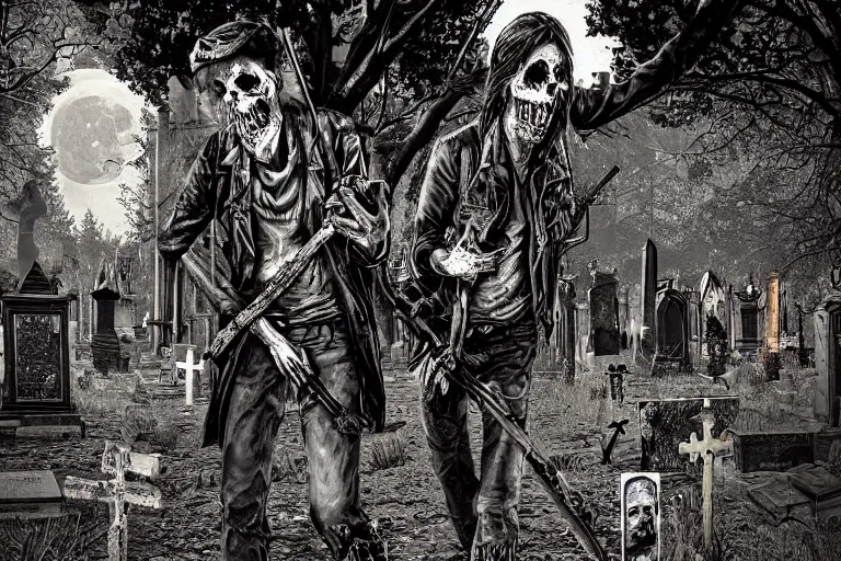 Prompt: dead anarchist walking through a cemetery, middle finger, pirate flag in his arms, evil dead face, leather coat, dark night, full moon, a crowd of zombies and walking deads around, zombies, crows on the oak tree, highly detailed digital art, photorealistic